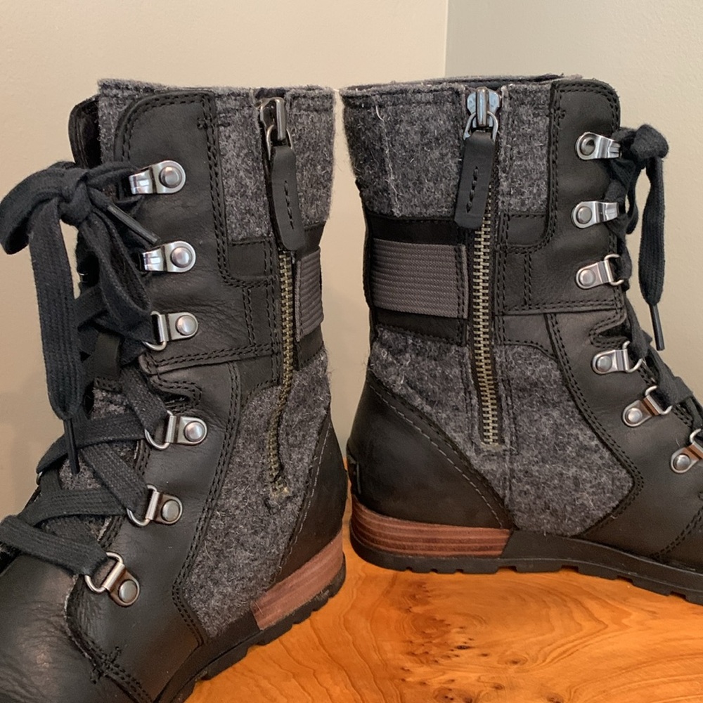Sorel Major Carly Winter Boots Black Gray Leather NL2324-010 Mid Calf 7.5 - Picture 3 of 10